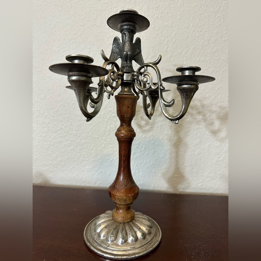 Vintage Candelabra Eagle 5 Candle Stick Holder Wood Cast Metal Silver Bird